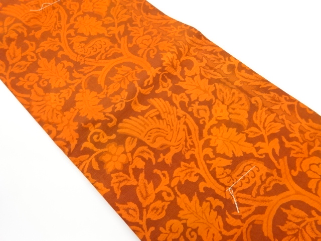 未使用品　ふくれ織花唐草に尾長鶏模様織出し名古屋帯